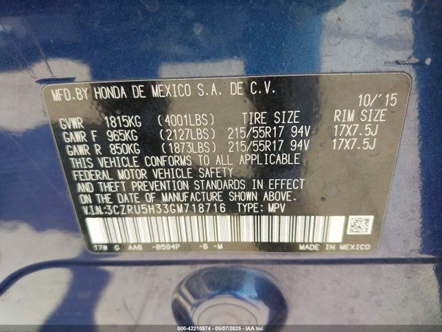 3CZRU5H33GM718716 Honda HR-V LX