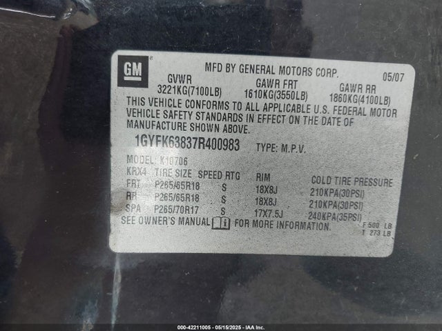 2007 CADILLAC ESCALADE 1GYFK63837R400983 Photo 8