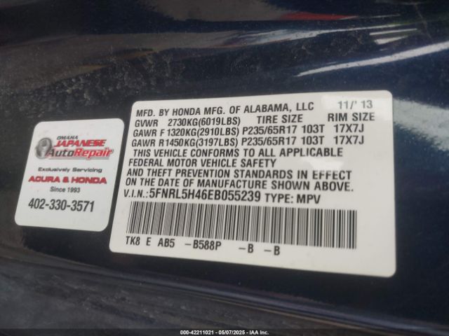 5FNRL5H46EB055239 Honda ODYSSEY EX