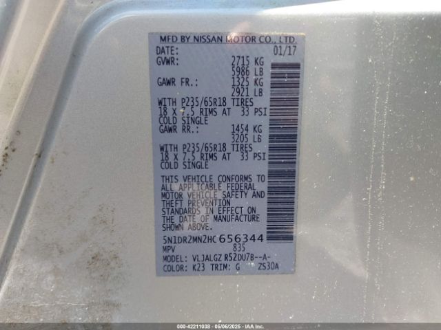 5N1DR2MN2HC656344 Nissan Pathfinder Sl