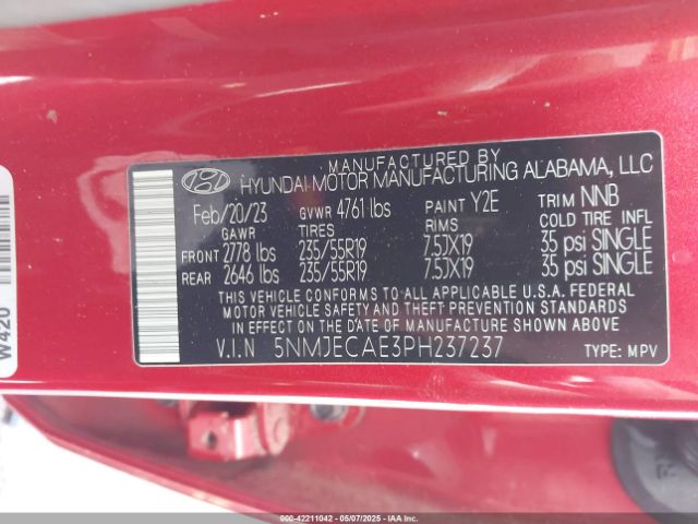 5NMJECAE3PH237237 Hyundai Tucson Limited