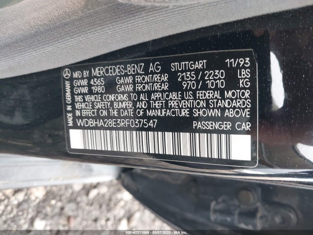 1994 Mercedes-benz C 280 მანქანა იყიდება აუქციონზე, vin: WDBHA28E3RF037547, აუქციონის ნომერი: 42211068