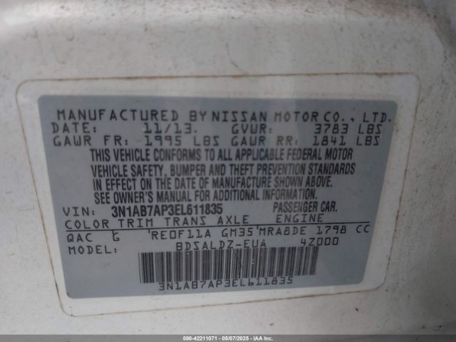 3N1AB7AP3EL611835 Nissan Sentra Fe+ S/fe+ Sv/s/sl/sr/sv