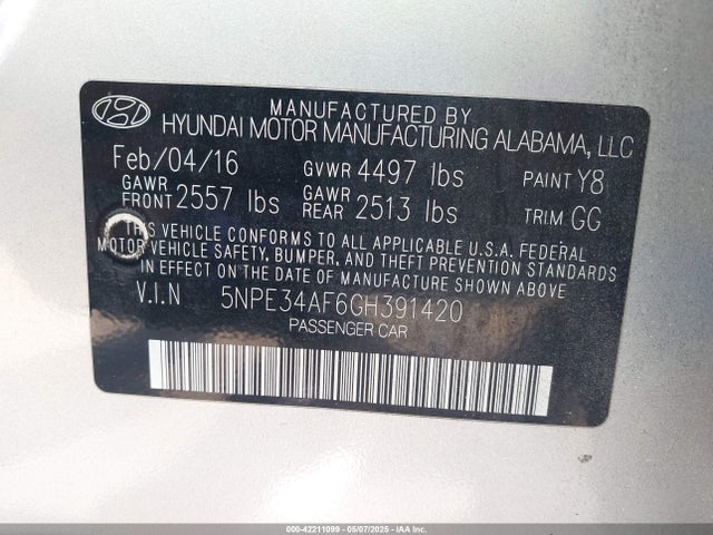 5NPE34AF6GH391420 Hyundai Sonata Limited