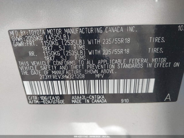 2T3YFREV3HW321208 Toyota Rav4 Limited