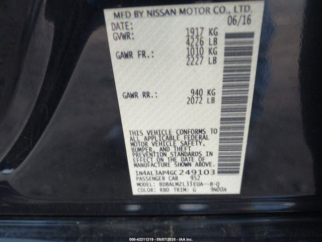 1N4AL3AP4GC249103 Nissan Altima 2.5/2.5 S/2.5 Sl/2.5 Sr/2.5 Sv
