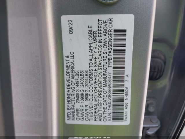 2022 HONDA ACCORD 1HGCV3F28NA039477 Photo 8