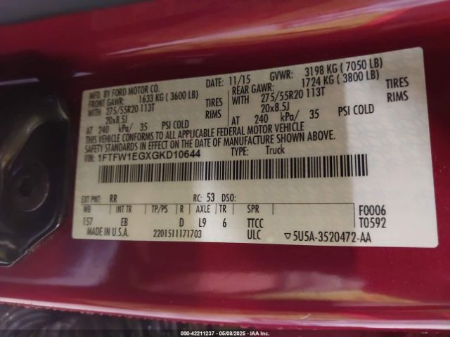 1FTFW1EGXGKD10644 Ford F-150 Lariat