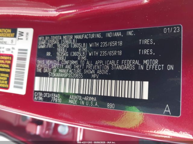 5TDKARAH9PS520655 Toyota Highlander Hybrid Xle