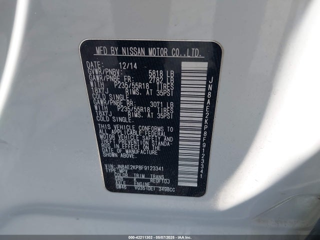 Nissan Quest Sl 2015 JN8AE2KP8F9123341 Image 9