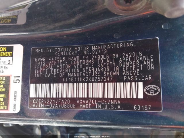 4T1B11HK2KU757247 Toyota CAMRY LE