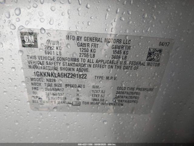 1GKKNKLA6HZ291822 GMC Acadia Sle-1