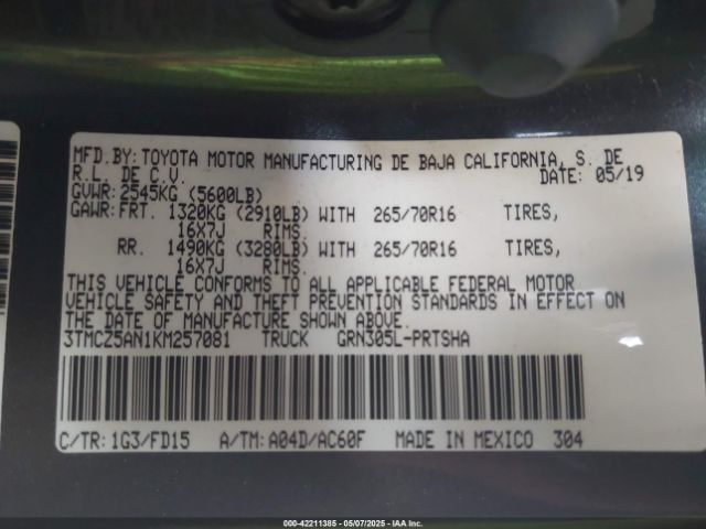 3TMCZ5AN1KM257081 Toyota Tacoma Trd Off Road