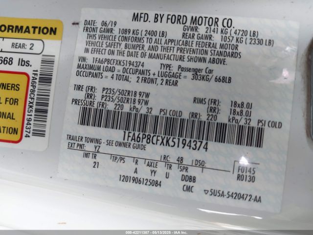 1FA6P8CFXK5194374 Ford MUSTANG GT