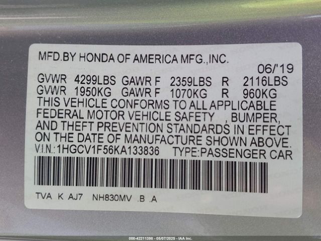 1HGCV1F56KA133836 Honda Accord Ex-l