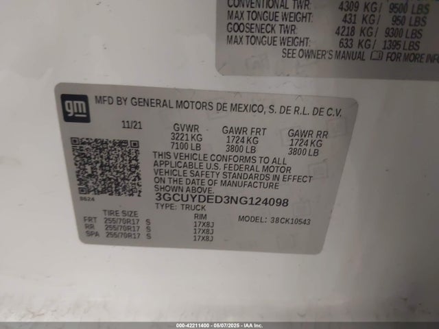 3GCUYDED3NG124098 Chevrolet Silverado 1500 Ltd 4wd  Short Bed Lt