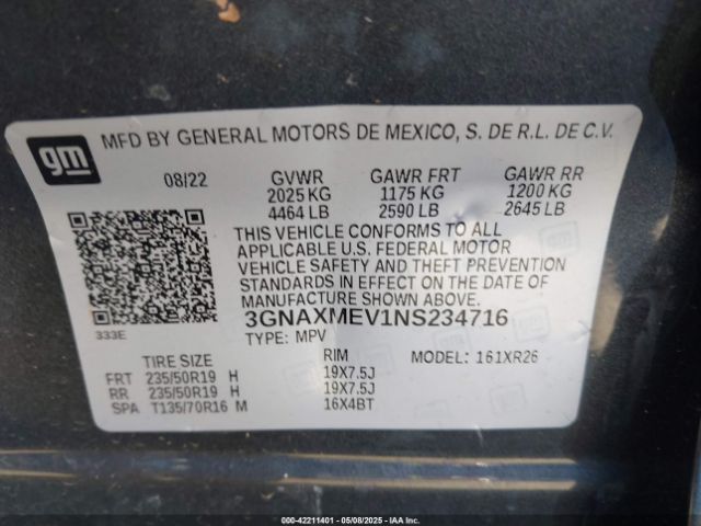3GNAXMEV1NS234716 Chevrolet Equinox Fwd Rs