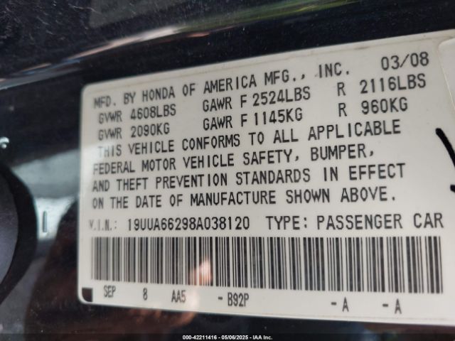 2008 ACURA TL 19UUA66298A038120 Photo 8