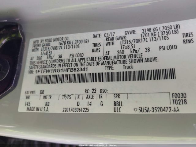 1FTFW1RG1HFB62341 Ford F-150 Raptor
