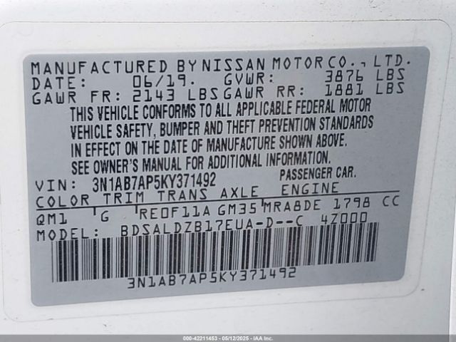 3N1AB7AP5KY371492 Nissan Sentra