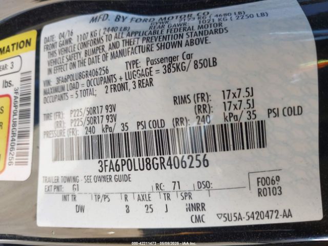 3FA6P0LU8GR406256 Ford Fusion Hybrid Se