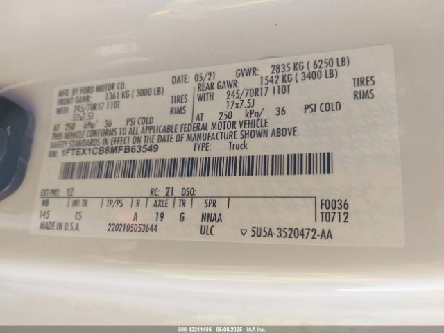 1FTEX1CB8MFB63549 Ford F-150 Xl