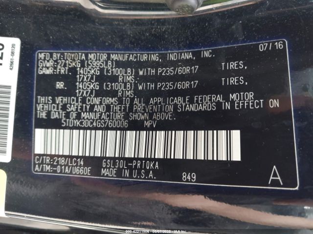 5TDYK3DC4GS760006 Toyota Sienna Xle 8 Passenger