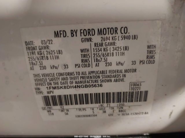1FMSK8DH4NGB05636 Ford EXPLORER XLT