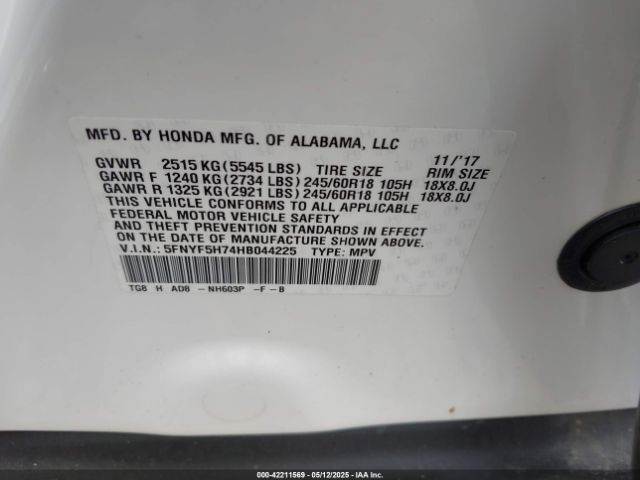 5FNYF5H74HB044225 Honda Pilot Ex-l