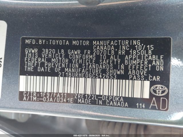 2T1BURHE0GC542653 Toyota COROLLA L