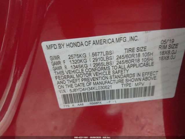 5J8YD4H34KL030621 Acura Mdx Standard