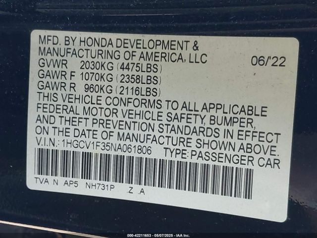 2022 HONDA ACCORD 1HGCV1F35NA061806 Photo 8