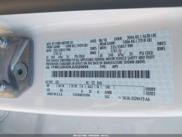 1FMCU0HDXJUD20098 Ford 1.5l gtdi sigma w/premium fuel