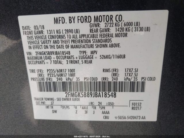 2FMGK5B89JBA18548 Ford FLEX SE