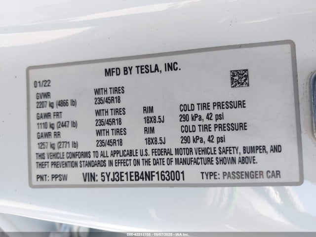 2022 TESLA MODEL 3 5YJ3E1EB4NF163001 Photo 8