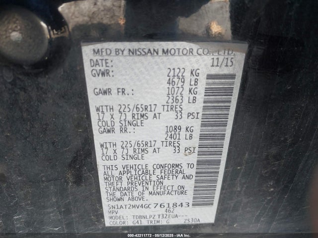 5N1AT2MV4GC761843 Nissan Rogue S/sl/sv