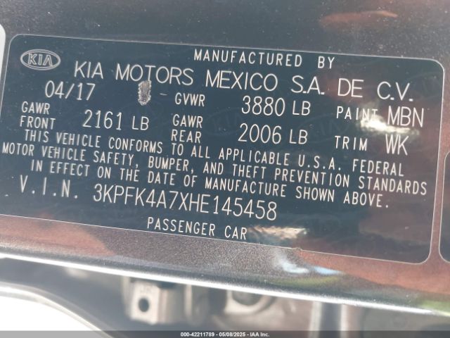 3KPFK4A7XHE145458 KIA FORTE LX