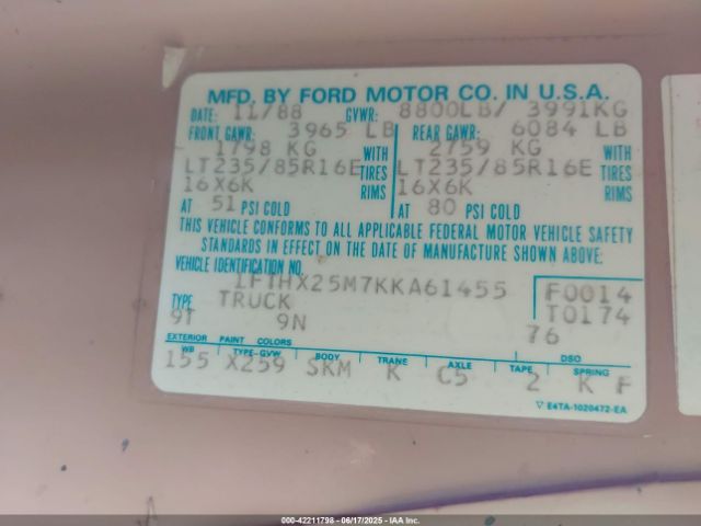 1989 FORD F250 1FTHX25M7KKA61455 Photo 8