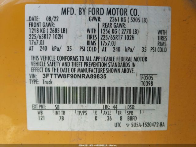 3FTTW8F90NRA89835 Ford Maverick Xlt