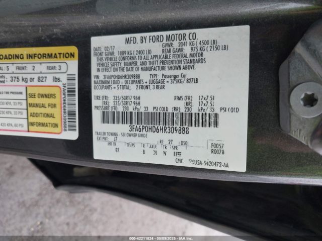 3FA6P0HD6HR309888 Ford FUSION SE