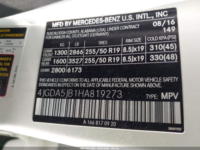 4JGDA5JB1HA819273 Mercedes-Benz GLE 350