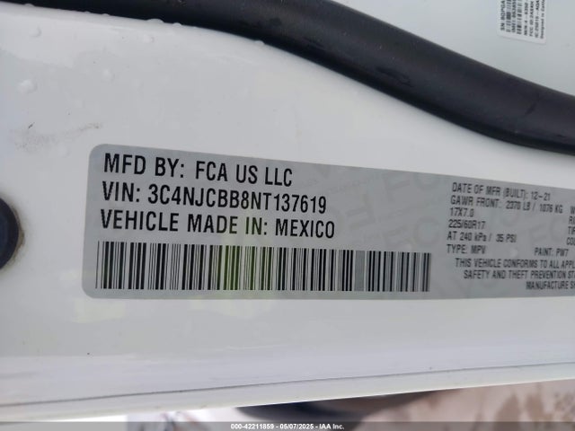 3C4NJCBB8NT137619 Jeep Compass Latitude Fwd