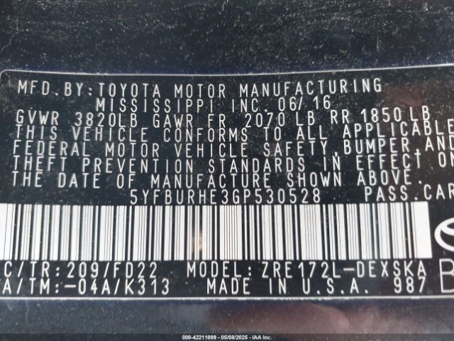 5YFBURHE3GP530528 Toyota Corolla S Plus