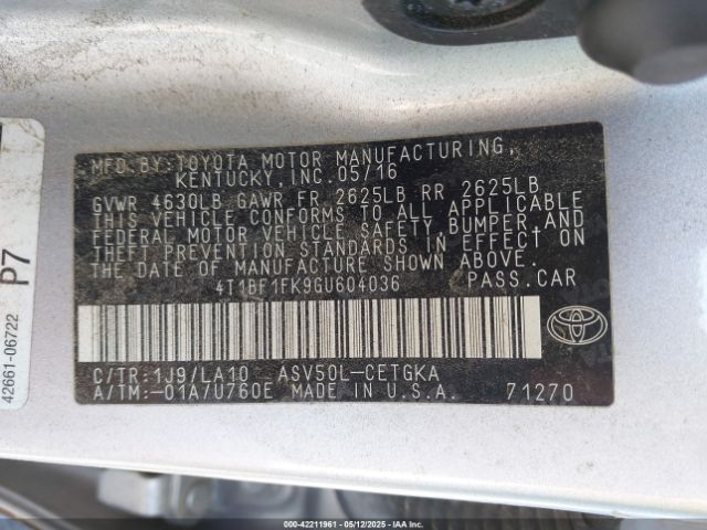 4T1BF1FK9GU604036 Toyota CAMRY XLE