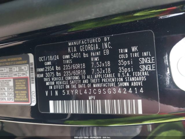 5XYRL4JC9SG342414 KIA SORENTO S
