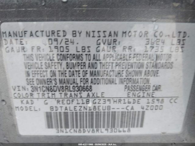 3N1CN8DV8RL930668 Nissan Versa 1.6 S