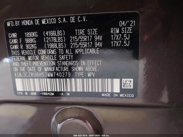 3CZRU6H53MM740279 Honda Hr-v Awd Ex