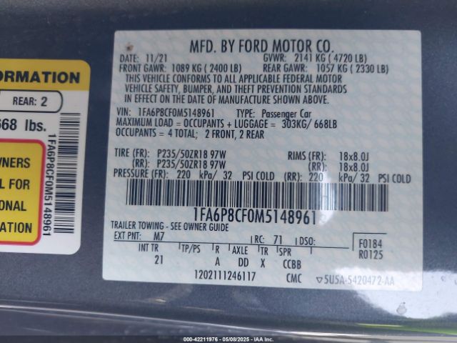 1FA6P8CF0M5148961 Ford Mustang Gt Fastback