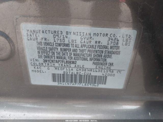 3N1CN7AP7FL859362 Nissan Versa 1.6 S/1.6 S+/1.6 Sl/1.6 Sv