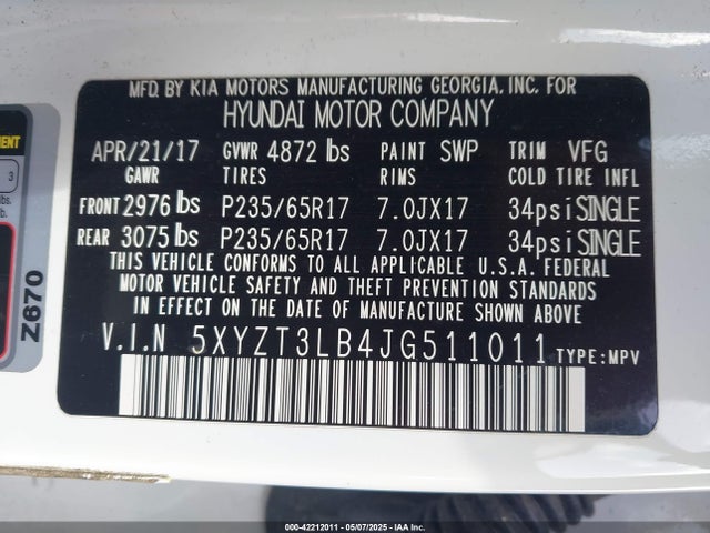 5XYZT3LB4JG511011 Hyundai Santa Fe Sport 2.4l